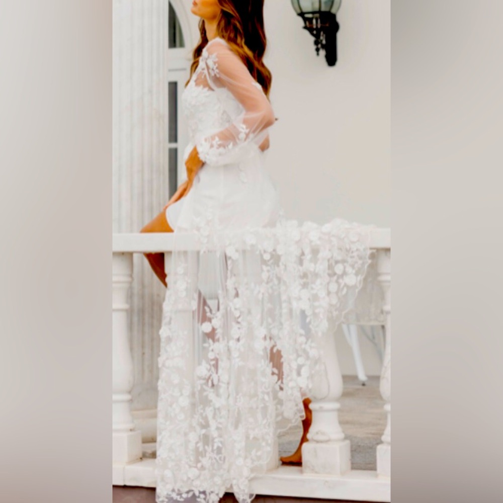 Le Rose Bridal Lingerie Chemise + Robe Embroidery Lace Pearls Large Romantic NEW